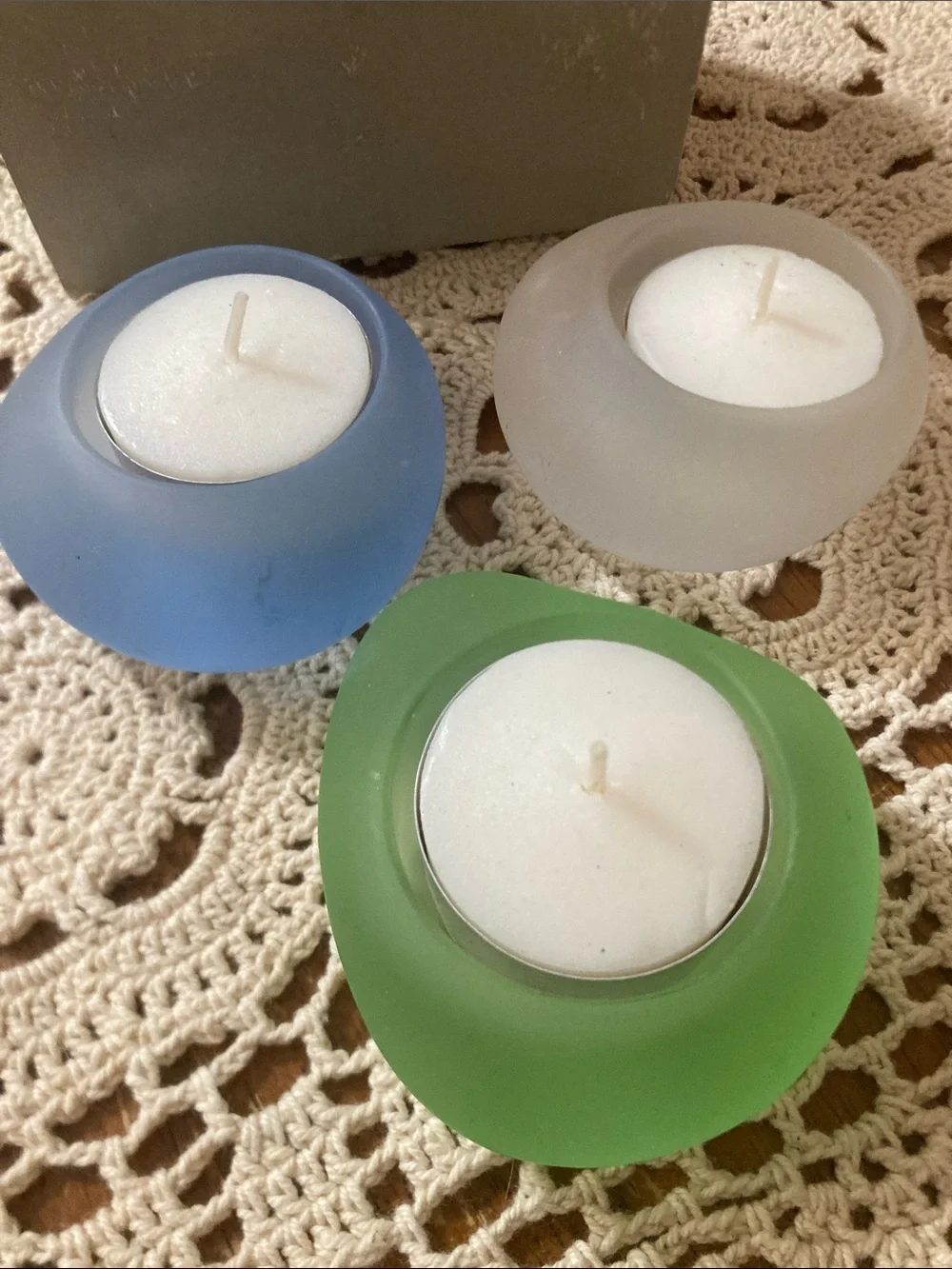 PartyLite Frosted sea glass Tea Light Holders in Blue, Green, and White